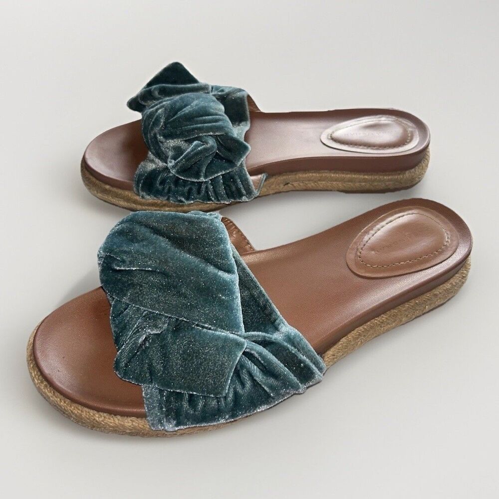 Zara Velvet Bow Sandals Slides Espadrilles 39 Blue Teal ‎ Open Toe Boho Classic